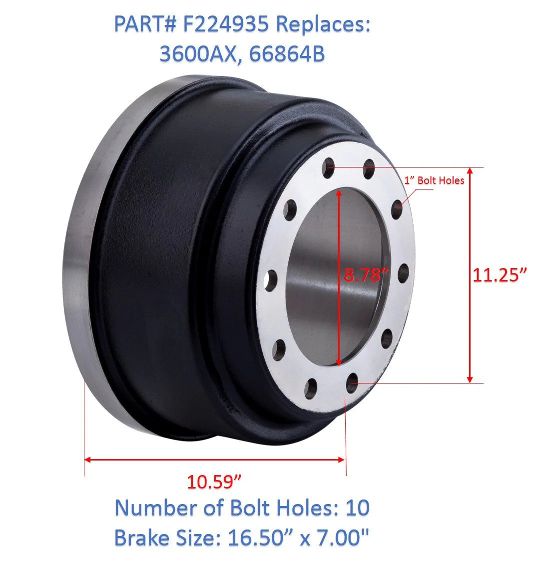 F224935, Fortpro Brake Drum – Reliable Replacement for 3600, 56864B, 66864B, 3922X