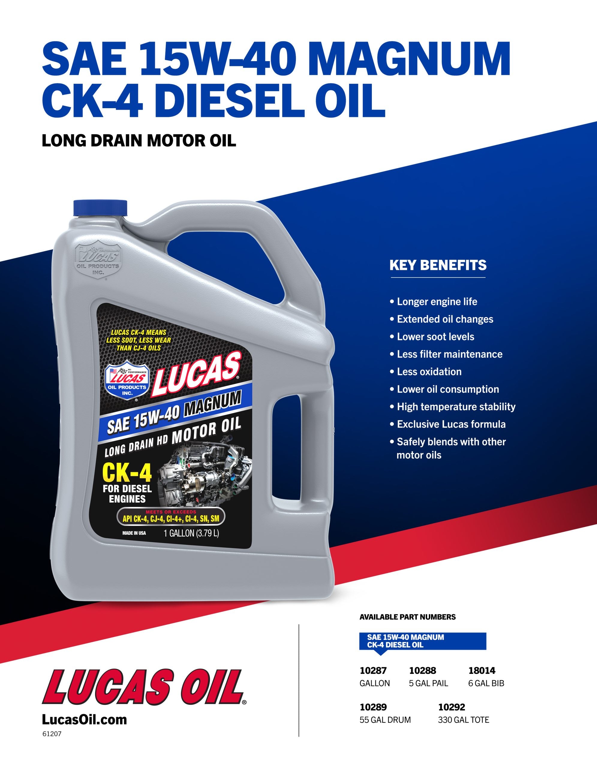 Lucas Diesel Motor Oil 15W-40 1 Gallon – MPN 10287 – Compatible with Cummins, Detroit Diesel, Caterpillar, Volvo, Mack, Ford, Paccar – Heavy-Duty Engine Oil CK-4