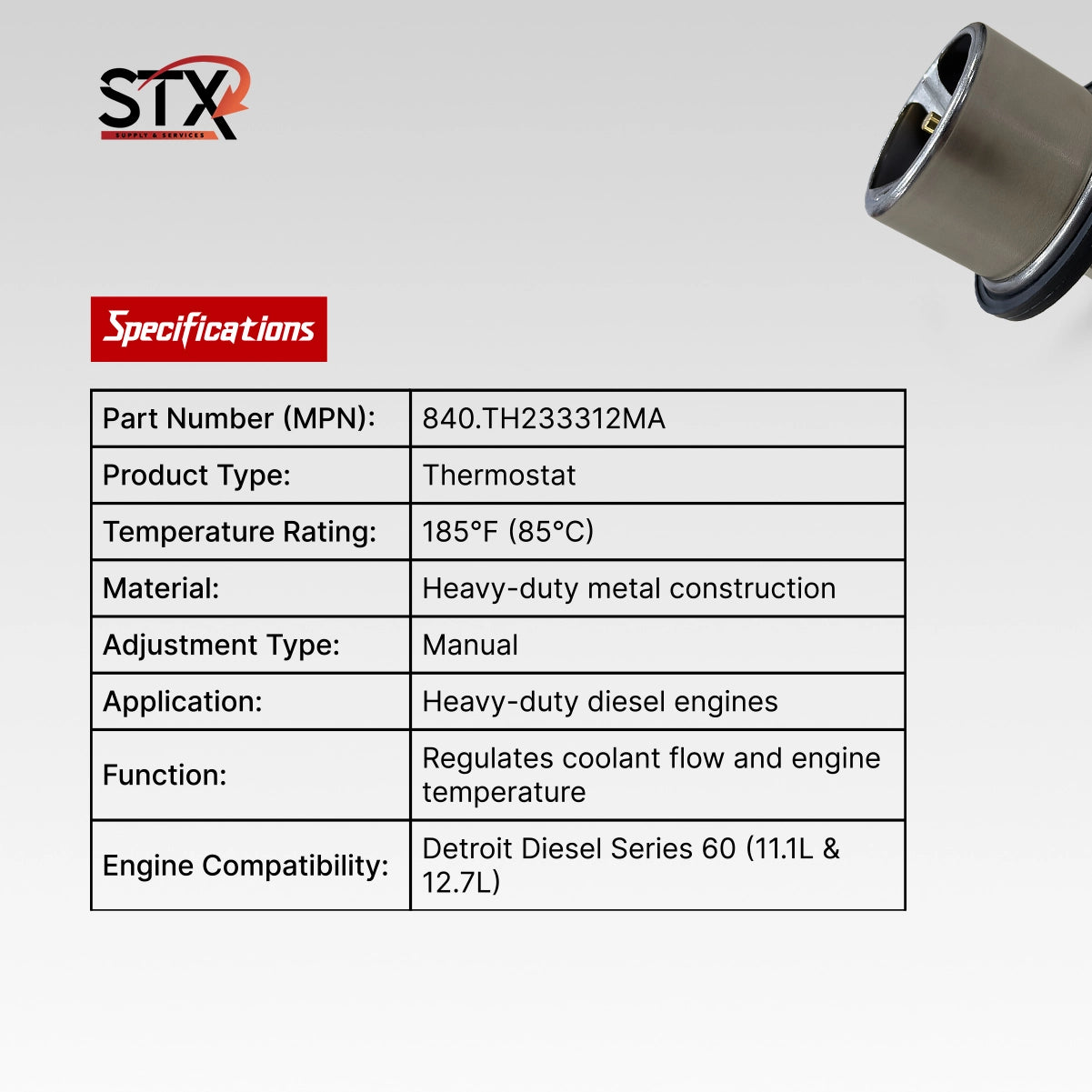 STX thermostat specifications on a white background