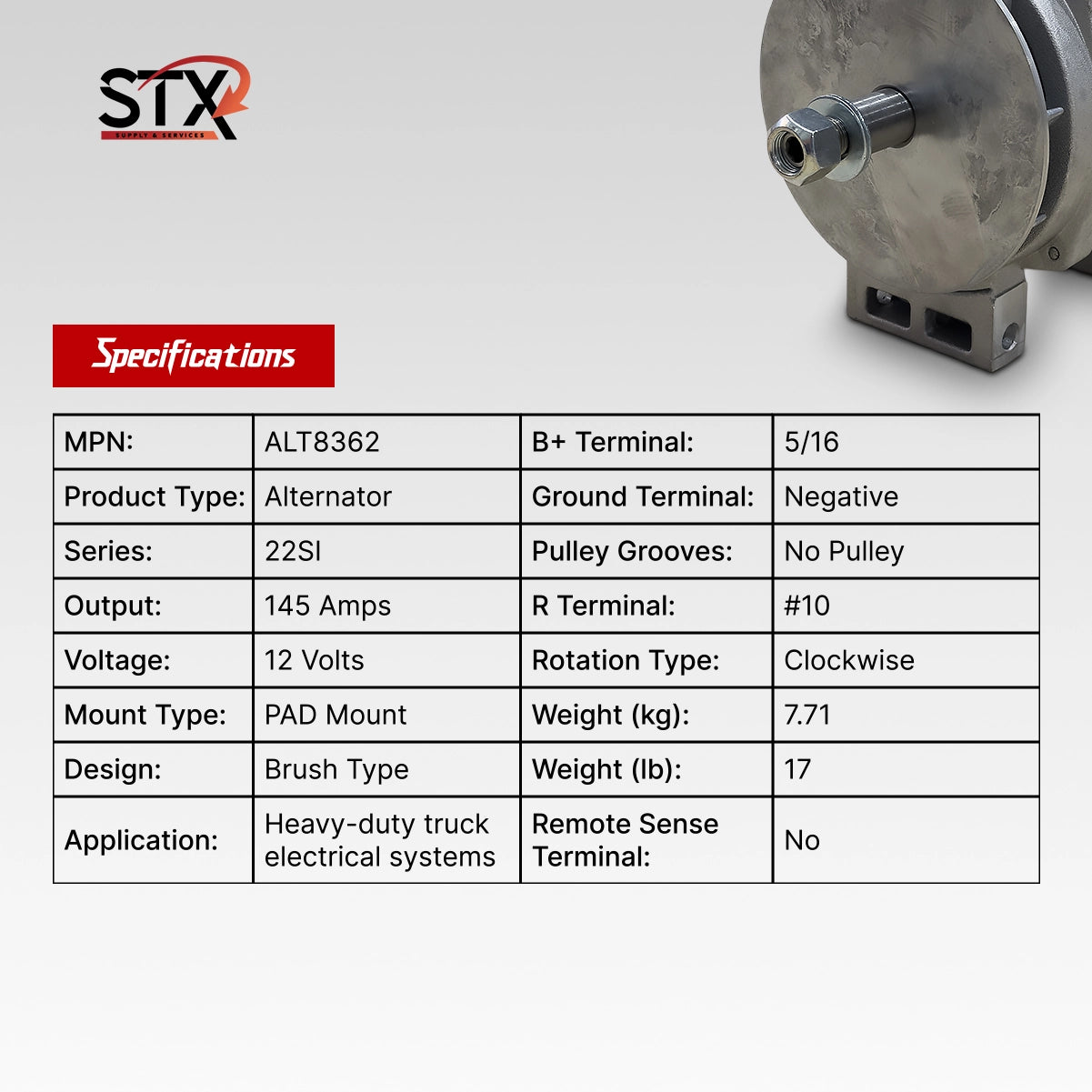 STX alternator specifications table with product details on a white background