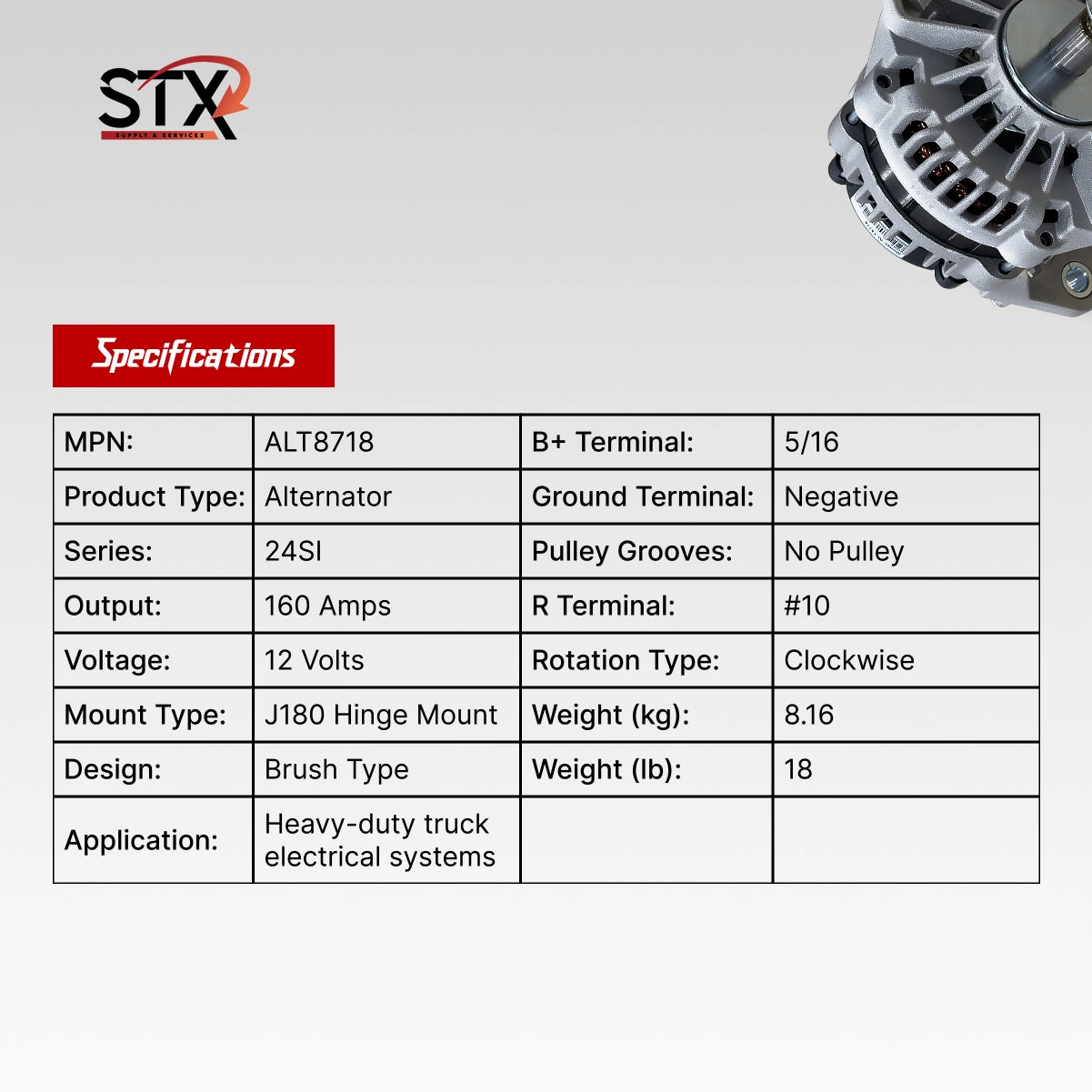 STX alternator specifications table with an image of the alternator on a white background