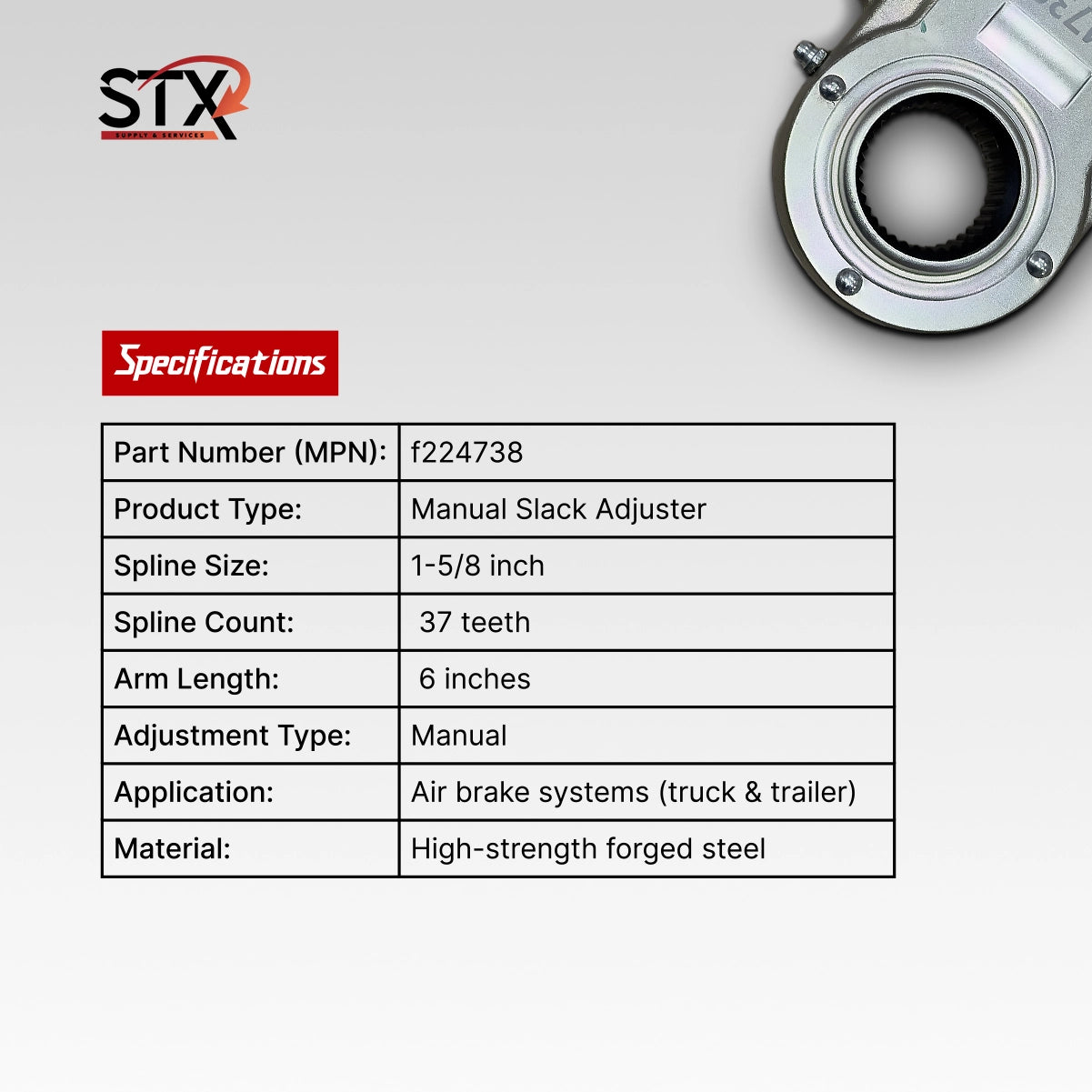 STX manual slack adjuster with specifications on a white background