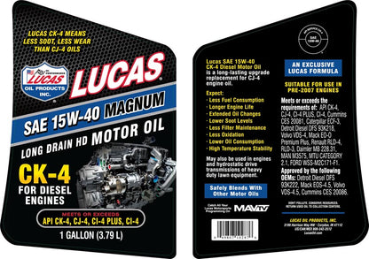 Lucas Oil 10287 Engine Oil – 15W40 CK-4 Diesel Oil, 1 Gallon (Set Of 4)