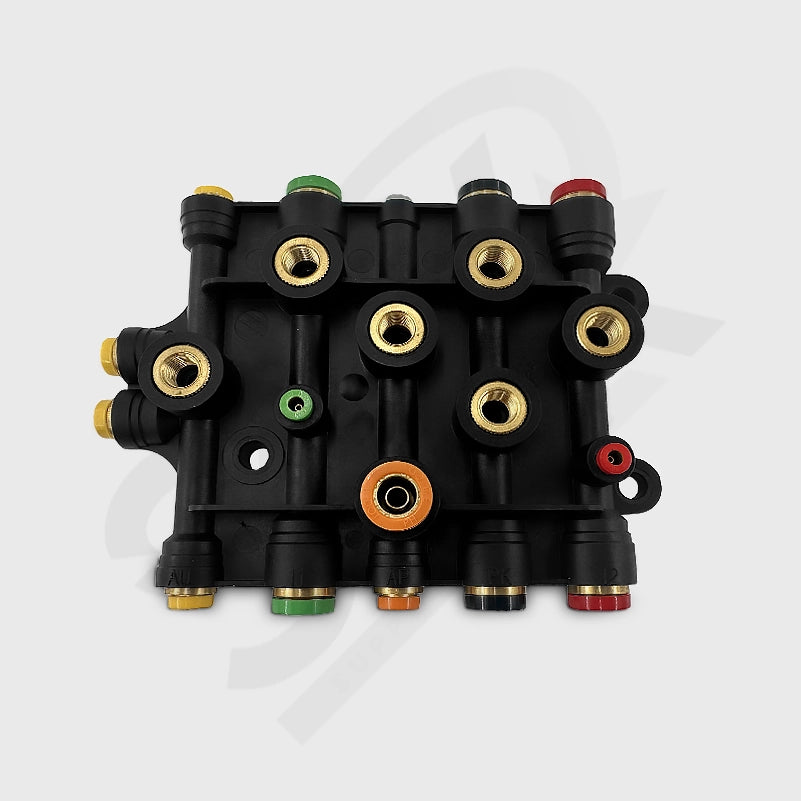 Air manifold 170.1010 black valve block with various colored connectors on a white background