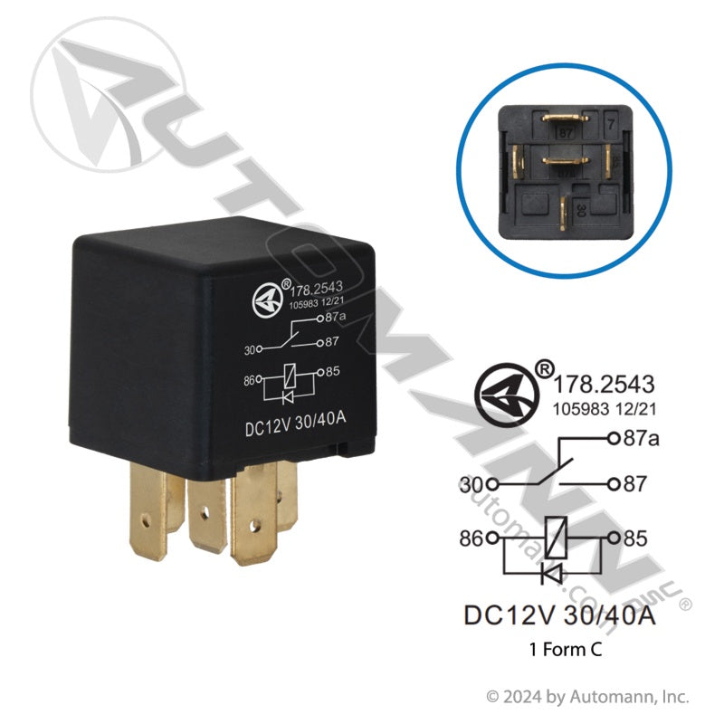 178.2543 - Relay Mini - 5 Pin 12V 40/30A SPDT Diode