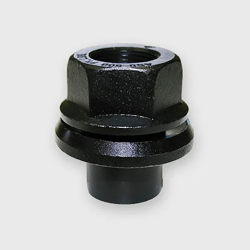 Close-up of a 19mm heavy-duty wheel nut installed on a dual wheel truck.