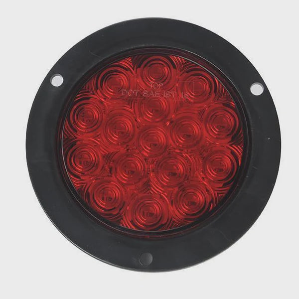 4" Red Round Tail/Stop/Turn Led Light With 16 Sq Leds, Red Lens And Steel Flange Mounts