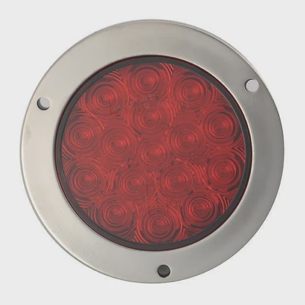 4" Red Round Tail/Stop/Turn Led Light With 16 Sq Leds And Red Lens - Steel Flange Mount, Stainless Steel Ring