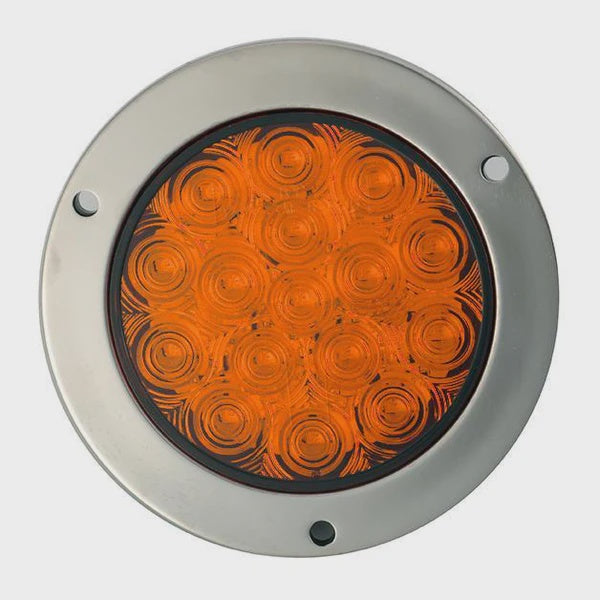 4" Amber Round Tail/Turn Led Light With 16 Sq Leds And Amber Lens - Steel Flange Mount, Stainless Steel Ring