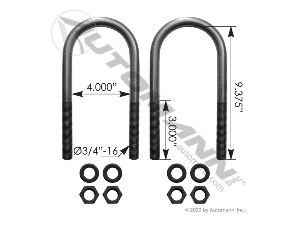 AUBK8154-093 - U Bolt Kit RND 3/4in X 4in X 9-3/8in