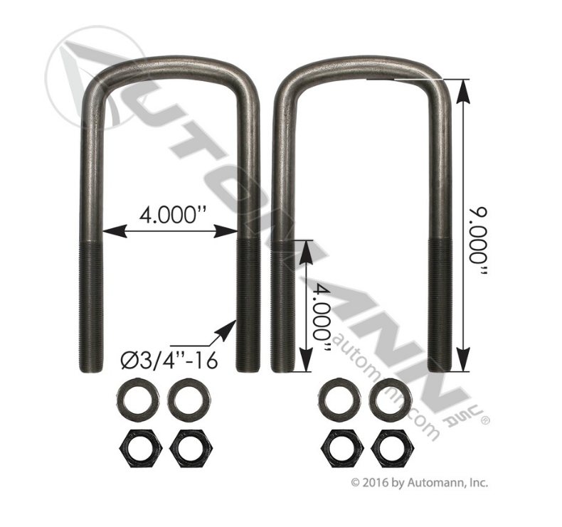 AUBK8354-09 - U Bolt Kit Semi RND 3/4in X 4in X 9in