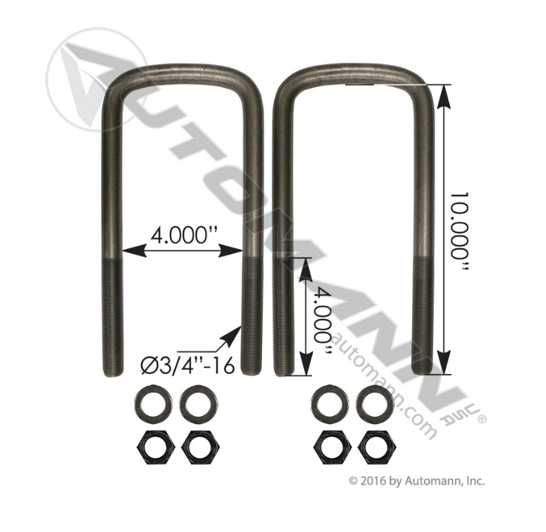 AUBK8354-102 - U Bolt Kit 3/4in X 4in X 10-1/4in IHC