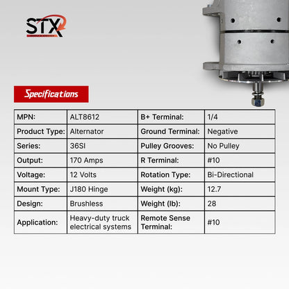 STX alternator specifications table with product details on a white background