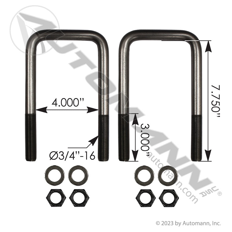 AUBK8254-073 - U Bolt Kit Square 3/4in X 4in X 7-3/4in