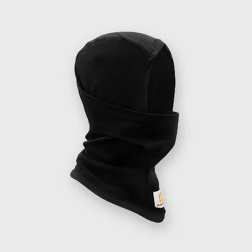 A worker wearing a black Bocomal FR balaclava with a pull-down face mask, providing protection for the head and neck.