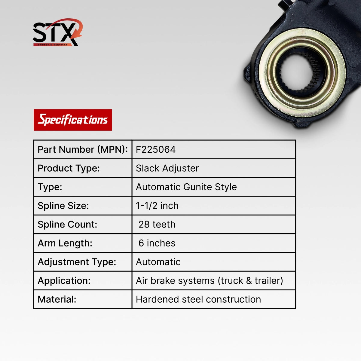 STX slack adjuster with specifications on a white background