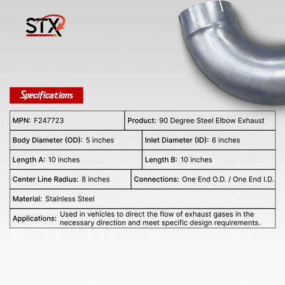 F247723 5 inch exhaust elbow 90 degree OD ID ends 10 inch legs steel heavy duty truck exhaust