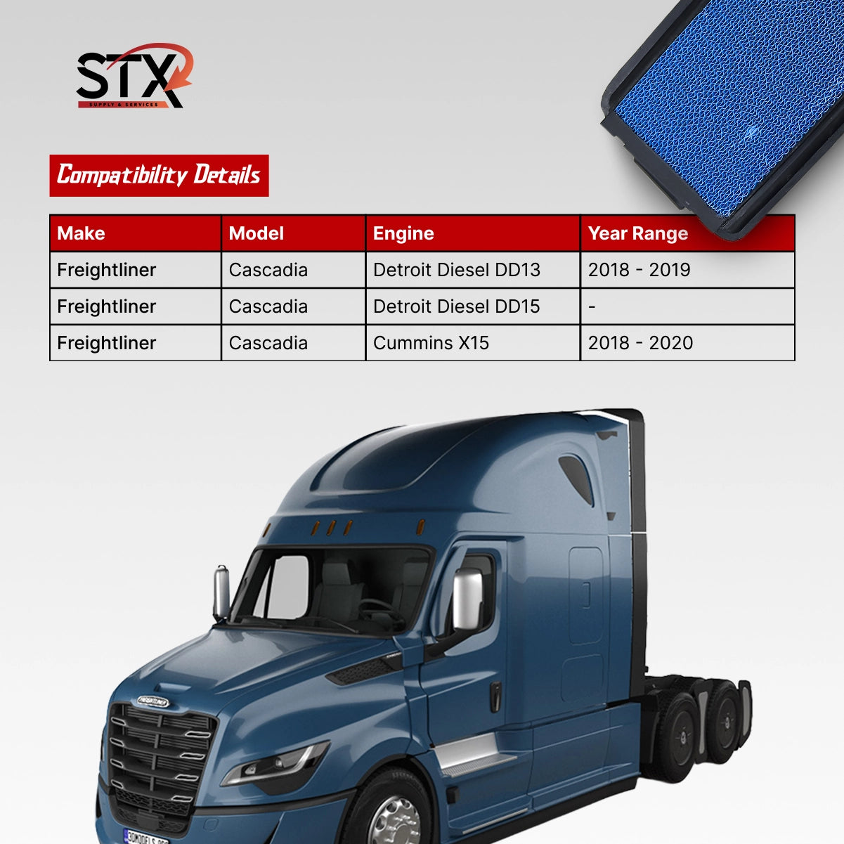 Blue truck with compatibility details for STX air filters on a gray background