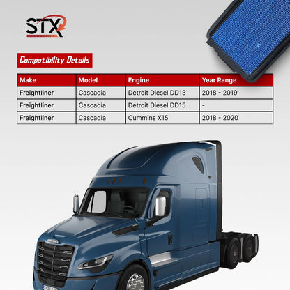 Blue truck with compatibility details for STX air filters on a gray background