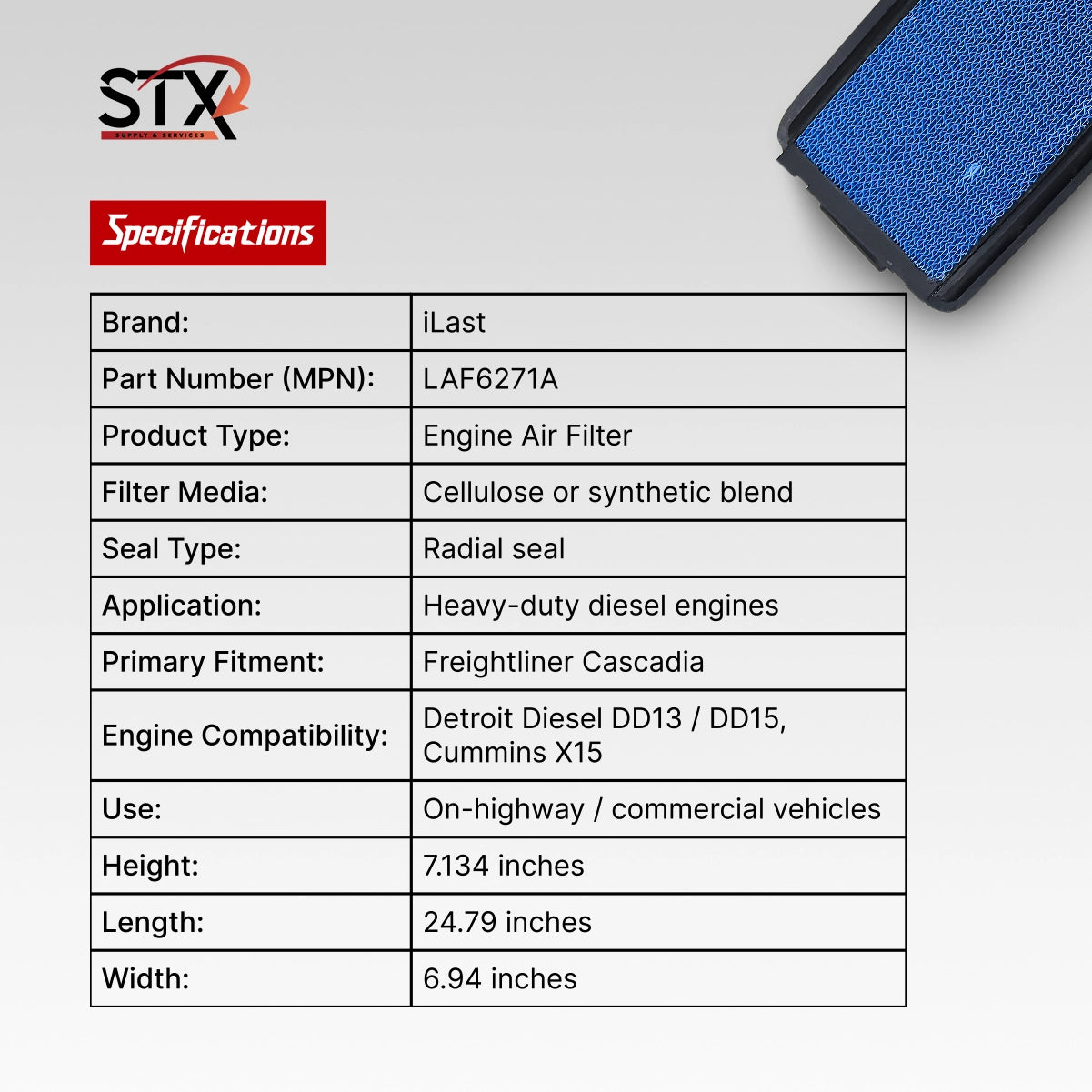 STX air filter specifications table with a blue air filter on a gray background