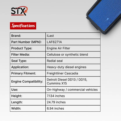 STX air filter specifications table with a blue air filter on a gray background
