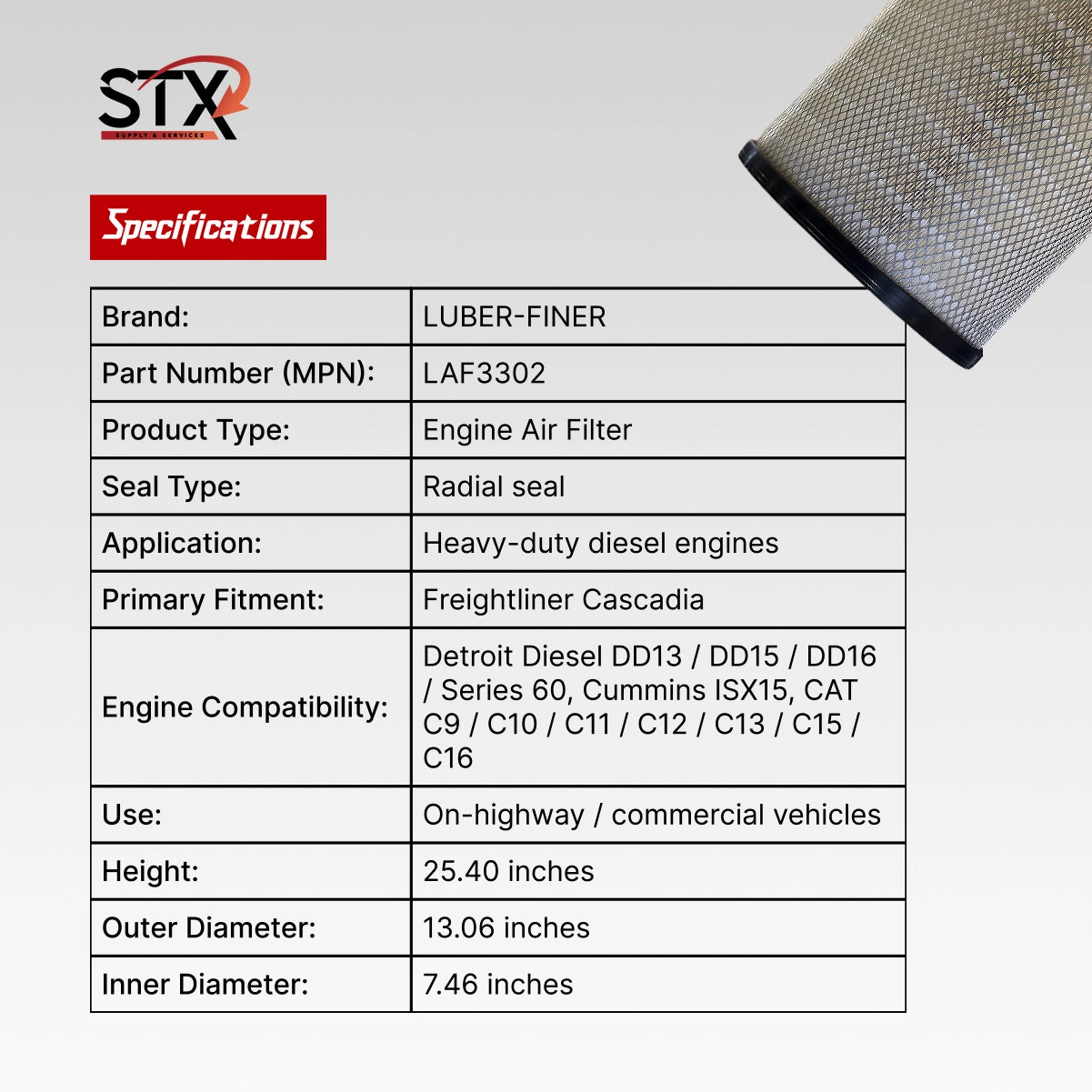 STX Luber-Finer engine air filter specifications on a white background