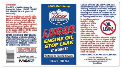 Lucas Oil 10278 Engine Oil Stop Leak - 1 Quart Bottle